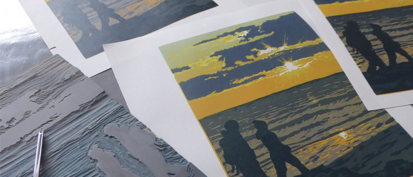 Handprinted Linocut. Beach scene entitled 'Sunset Stroll' by Steph Renshaw Printmaker